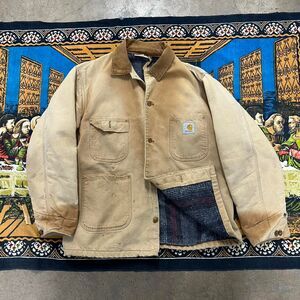 Vintage Tan Carhartt Chore Jacket size large Detroit jacket blanket lined 23x28